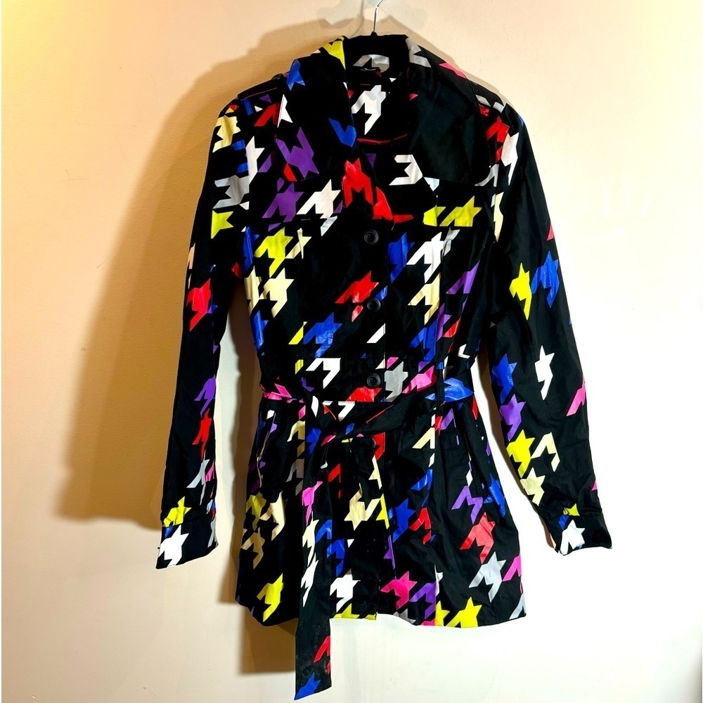 GSUS SINDUSTRIES Sz L Franny Large Print  Houndstooth Pattern Belted Rain Coat